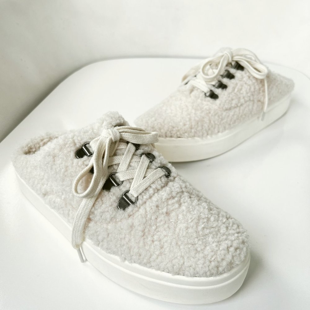 LUCKY BRAND Tolini Stucco Off White Faux Shearling Platform Sneaker Mules